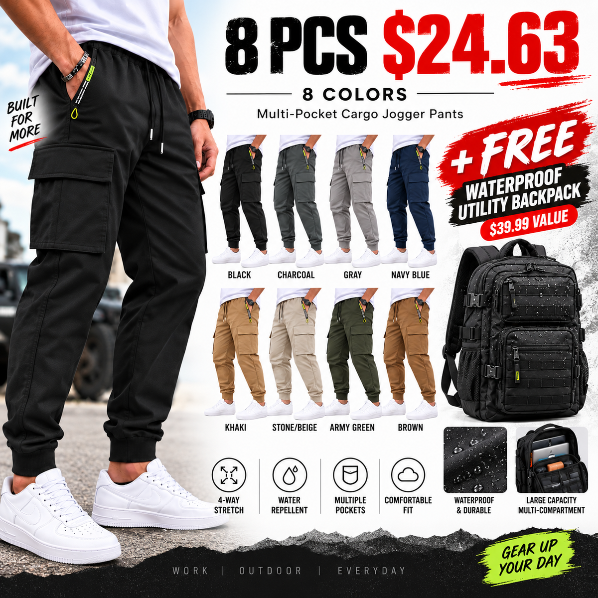 🔥 BESTSELLER | 8PCS $24.63 | Men’s Multi-Pocket Cargo Jogger Pants