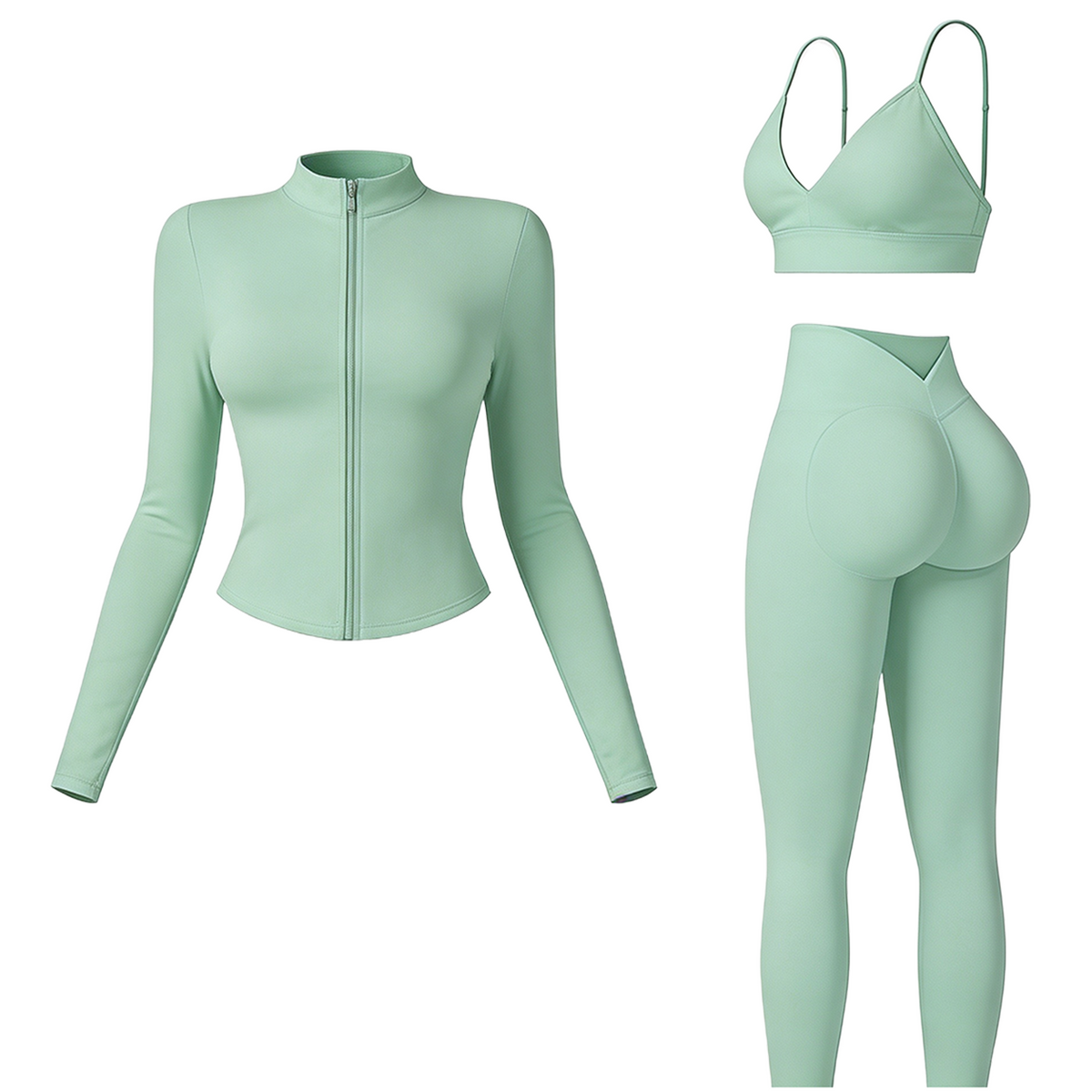 Women's tank top, high-waisted leggings, and zip-up jacket 3-piece sportswear set.