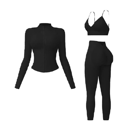 Women's tank top, high-waisted leggings, and zip-up jacket 3-piece sportswear set.