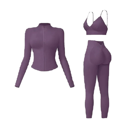 Women's tank top, high-waisted leggings, and zip-up jacket 3-piece sportswear set.