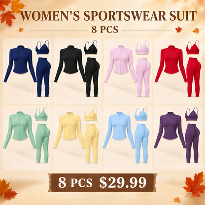 Women's tank top, high-waisted leggings, and zip-up jacket 3-piece sportswear set.