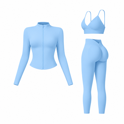 Women's tank top, high-waisted leggings, and zip-up jacket 3-piece sportswear set.